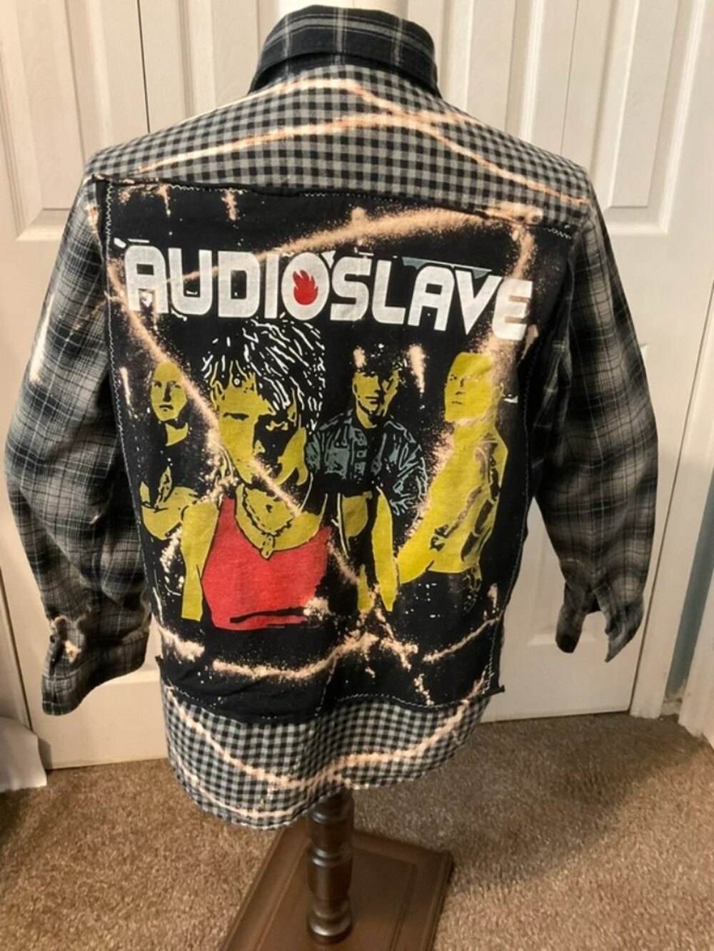 Audioslave Upcycled Back Graphic T-Shirt on Bleached Men’s Flannel - Size Large